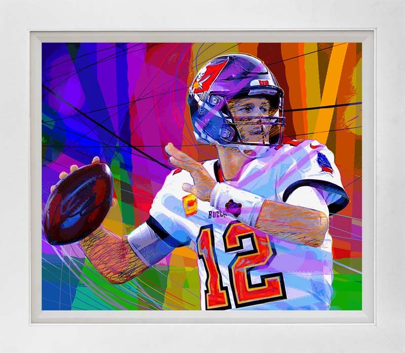 Tom Brady Buccaneer Mixed media original on canvas by David Lloyd Glover: Tom Brady Buccaneer Mixed media on canvas by David Lloyd Glover Hand signed by the artist. On canvas. Approx image size 18x24 inches Custom framed and includes certificate. This work was purchased dir