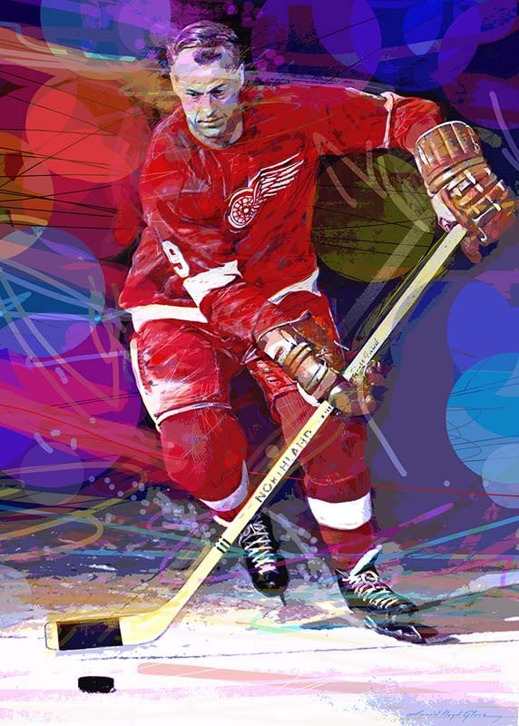 Gordie Howe Original mixed media on canvas by David Lloyd Glover: Goridie Howe Original mixed media on canvas by David Lloyd Glover Original One of a kind original Hand signed by the artist. Approx 24x18 image size. Custom framed. Includes certificate from the artis
