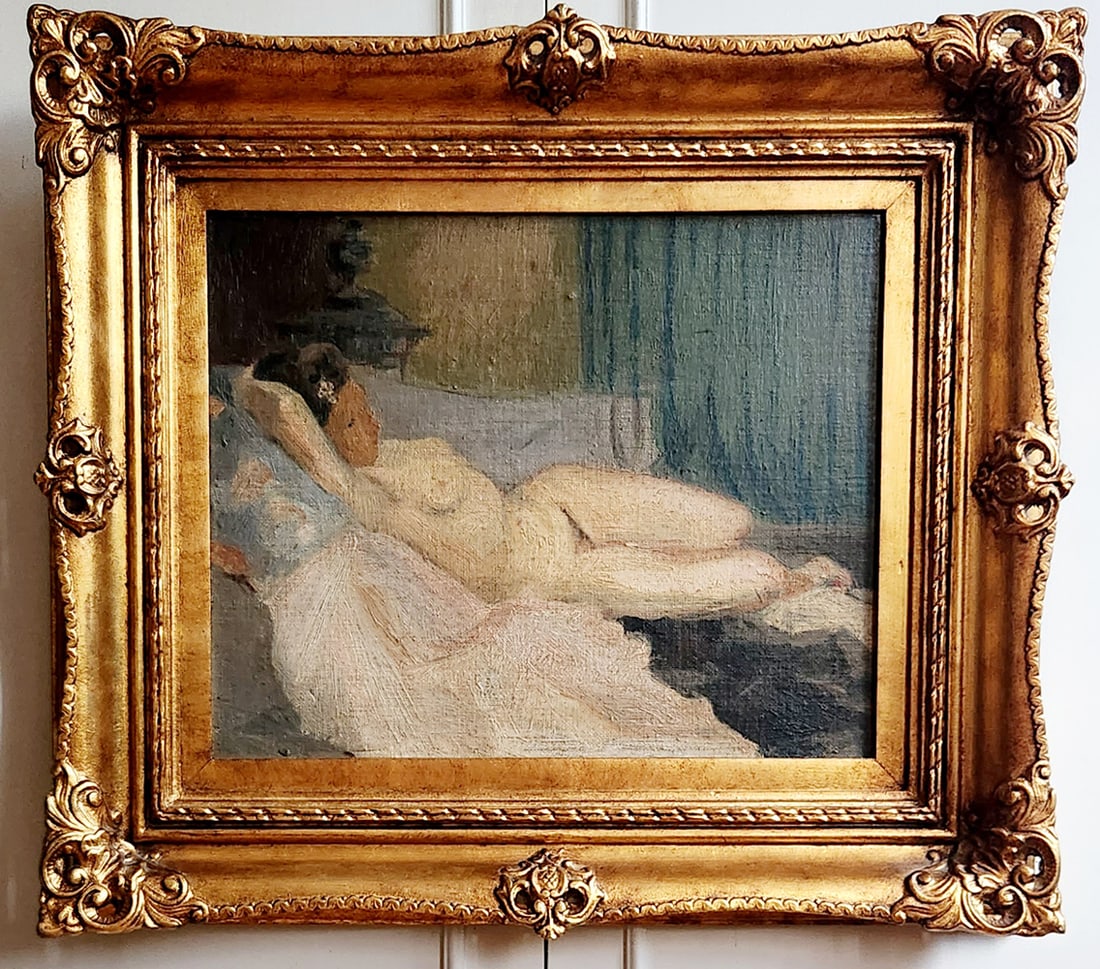 HECTOR SGARBY OLD PAINTING FEMALE NUDE BY HECTOR SGARBY 1946.: HECTOR SGARBYOLD PAINTING FEMALE NUDE BY HECTOR SGARBY 1946Old Painting Female Nude by Hector Sgarby 1946It still has its original label from an exhibition in which she participated in 1946 at the nat