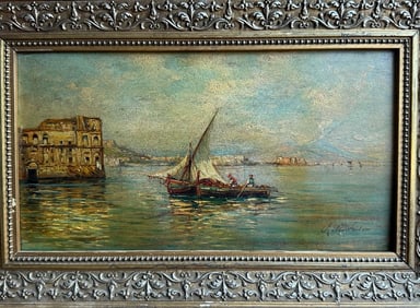 Rubens Santoro (1859-1941) Oil on wood Title: Naoolitana Seascape with Sailboat