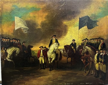 Antique Original Oil Painting on Wood Panel. The Surrender of Lord Cornwallis at Yorktown. 11.5x9