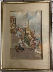 Seaside Giuseppe Vizzotto Alberti Original watercolor with spectacular vibrant colors 1902