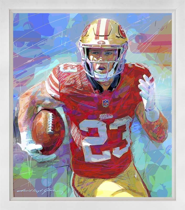 Christian McCaffrey Running Back Original Mixed Media on canvas by David Lloyd Glover: Christian McCaffrey Running Back Original Mixed Media on canvas by David Lloyd Glover Hand signed by the artist. Custom framed and includes certificate from the artist. Approx 24x18 image size and
