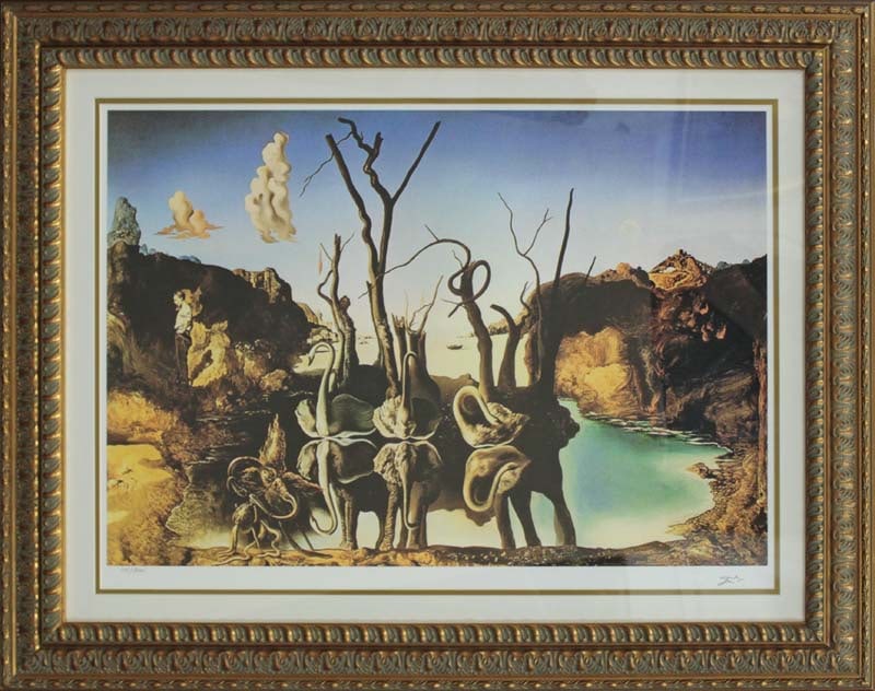 Salvador Dali Swans Reflecting Elephants Limited Edition Lithograph after Dali: Salvador Dali Lithograph after Dali. The signature is in the plate. Limited Edition Lithograph. Approx 26x28 inches. Includes Certificate of Authenticity. Swans Reflecting Elephants.