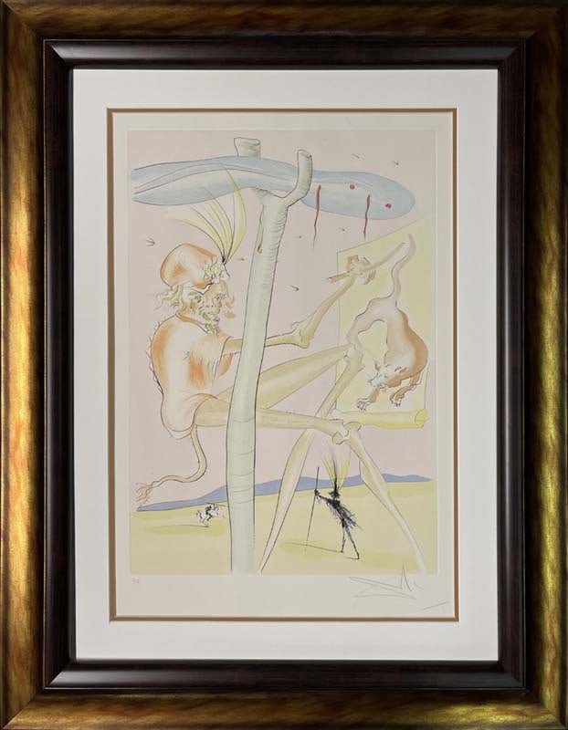 Salvador Dali Limited Edition Le Singe et le Leopard from Fables of Fontaine (Le Bestiare de la: Salvador Dali Le Singe et le Leopard from Fables of Fontaine (Le Bestiare de la Fontaine Dalinise). Limited Edition Original Lithograph Hand signed and numbered. Custom framed Includes Certificate of