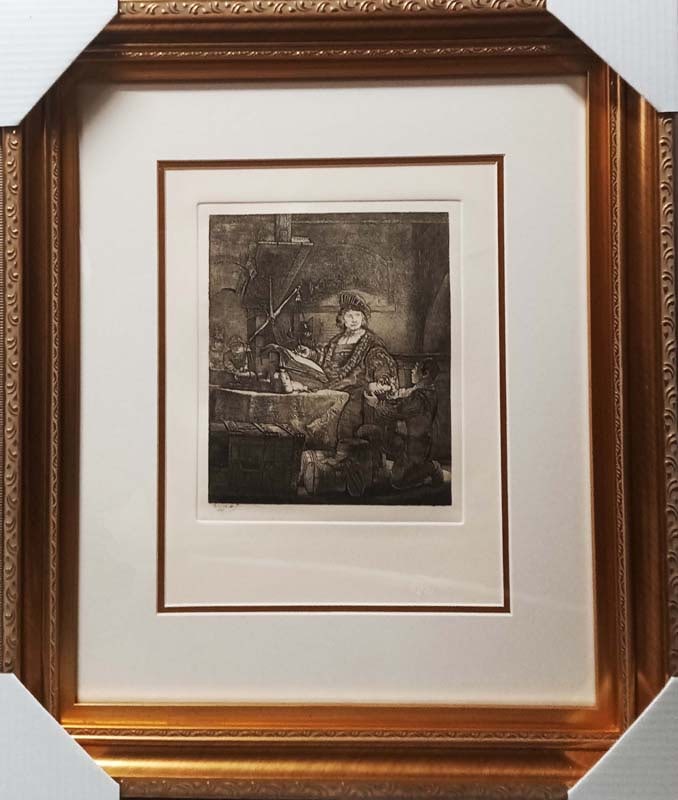 Rembrandt The Goldweigher Etching Rembrandt by Amand Durand).: Rembrandt The Gold Weigher. Goldsmith Hand pulled-etching from the original copper plates restored by Amand-Durand (1831-1905) Rembrandt. Date of original 1650. Approx frame size 20 x 22 inches. 