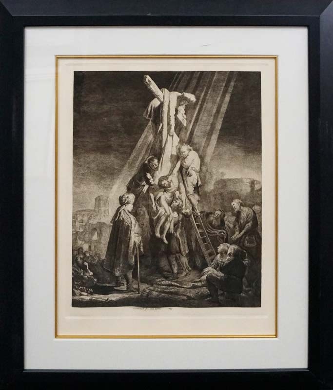 Rembrandt Limited Edition Etching after Rembrandt Descent from the Cross Amand Durand recreated the: Rembrandt The Descent from the Cross. Etching from the original copper plates recreated by Amond Durand Custom Framed and includes documentation. Approx. 30 x 28 inches approx Includes framing.