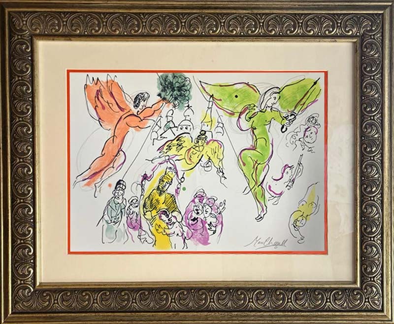 Marc Chagall Lithograph Hand signed: Marc Chagall Lithograph on paper, Hand signed. Approx 30x22 inches custom framed. Includes certificate of authenticity.