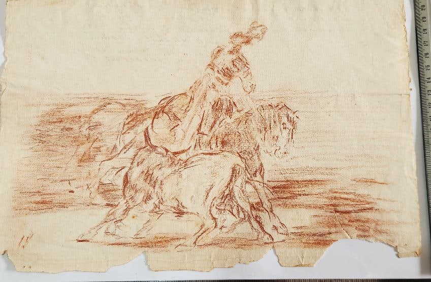 FRANCISCO DE GOYA (Spanish School,(1746-1828) #3 SANGUINE N. 15 ORIGINAL FRANCISCO DE GOYA MAN AND: #3 SANGUINE N°15 ORIGINAL FRANCISCO DE GOYA MAN AND BULL CERTIFIEDFRANCISCO DE GOYA (Spanish School, 1746-1828) Sanguine on paper. 21 x 31. On the back, wet stamp in red ink with the inscription