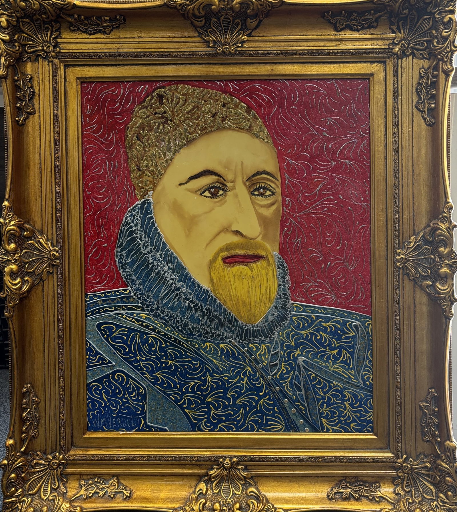 William Verdult Original oil on board Edward the II Kings and Queens series bejewelled: William Verdult Original oil on board Edward the II Bejewelled 30x24 inches image size Hand signed one of kind original Custom framed and includes certificate From his Kings and Queens suite. 1998