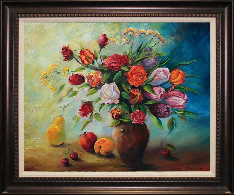 Original Mixed Media Arina Floral on Canvas: Arina Mixed Media original on canvas Rose Bouquet with Blue Background. Hand signed. Custom framed. Approx 28x34 inches. Includes certificate of authenticity. This work was purchased directly from the