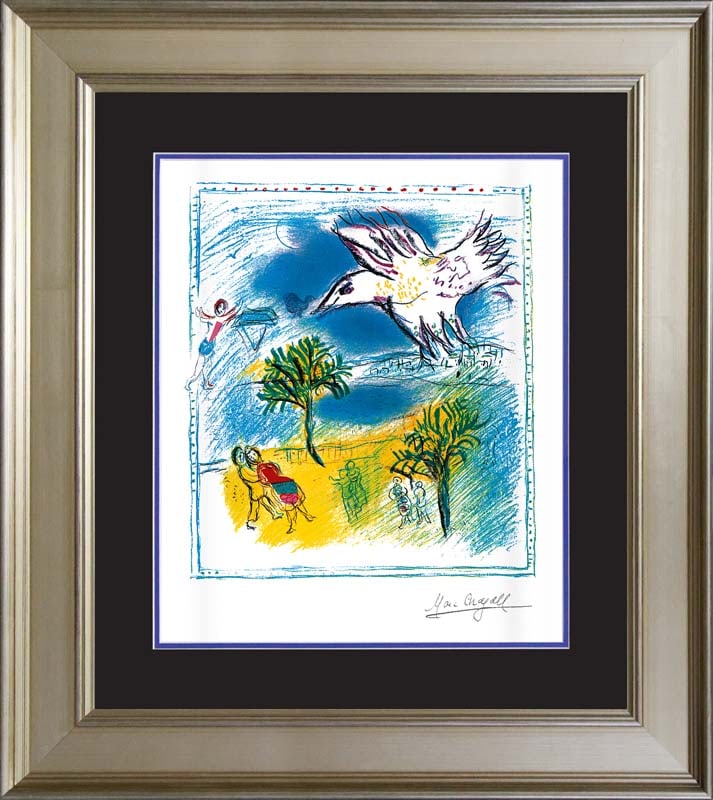 Marc Chagall Yellow Dove Bouquet Limited Edition: by Marc Chagall. Limited edition lithograph on archival watercolor paper. The signature is in the plate. Certificate of Authenticity is included. Approx. 25x30 in. Custom framed.