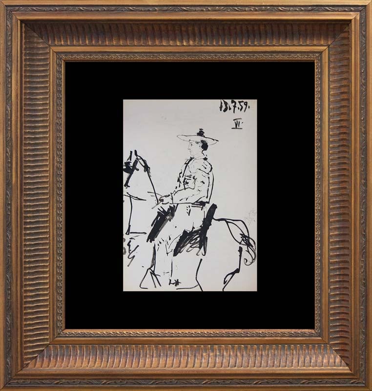 Pablo Picasso (Spanish 1881-1973) Toros y Toreros Bullfighter lithograph by Mourlot Press Paris: Pablo Picasso (Spanish 1881-1973) Toros y Toreros Bullfighter lithograph by Mourlot Press ParisPablo Picasso 1961. Includes certificate of authenticity. Approx 20x24 inches. Custom framed. Printed In