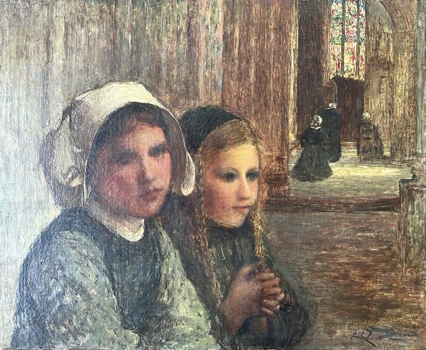 Emile Claus (1849-1924) Belgium Technique: Oil on canvas: Emile Claus (1849-1924) Belgium Technique: Oil on canvas Measurements: 50x60 cm Title: Portrait childrens in church interior Period: Impressionist Signed: Emile Claus (lower right side) Provenance: Pr