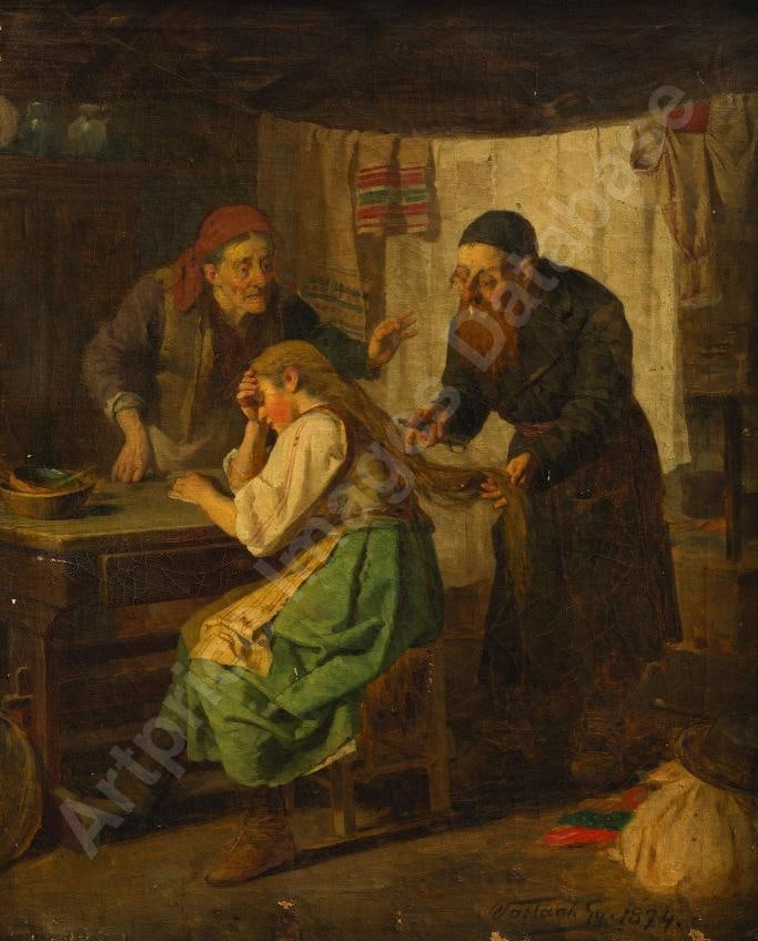 Gyorgy VASTAGH (1834-1922) Oil on canvas Hair sale: Gyorgy VASTAGH (1834-1922) Oil on canvas Hair sale Measurement: 75x60cm Signed and dated: lower right side “Vastagh 1874” Provenance: Private collection