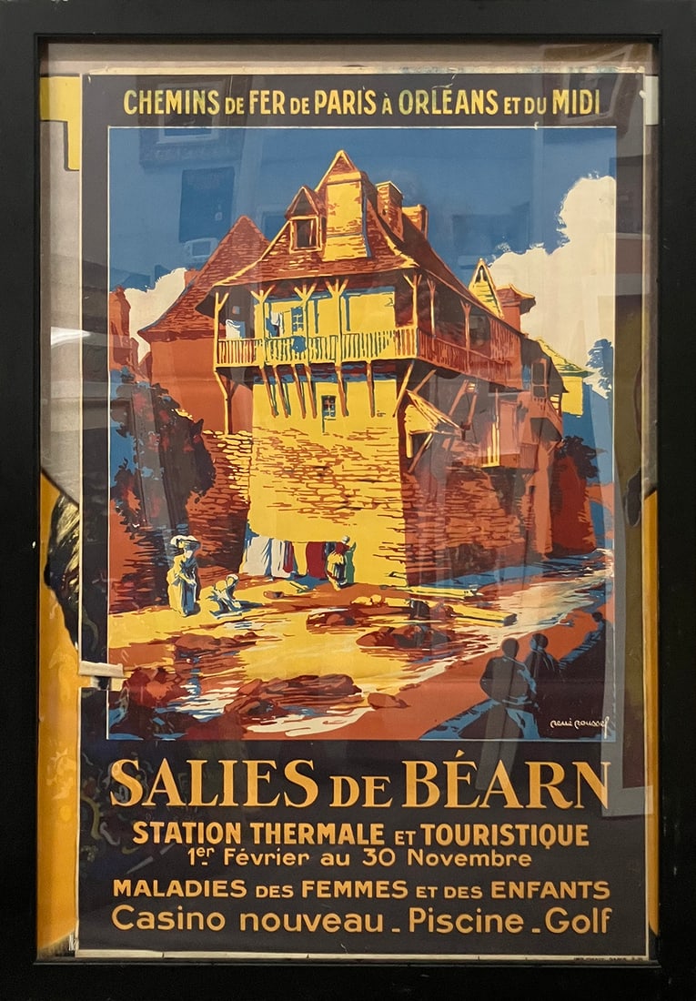Rene Roussel Lithograph from 1931 Chemin de Fer de Paris a Orleans et du midi salies de Bearn: Lithograph From 1931 by Rene Roussel Paris to Orléans and Midi railway of Béarn. Approx 39x25 image size inches