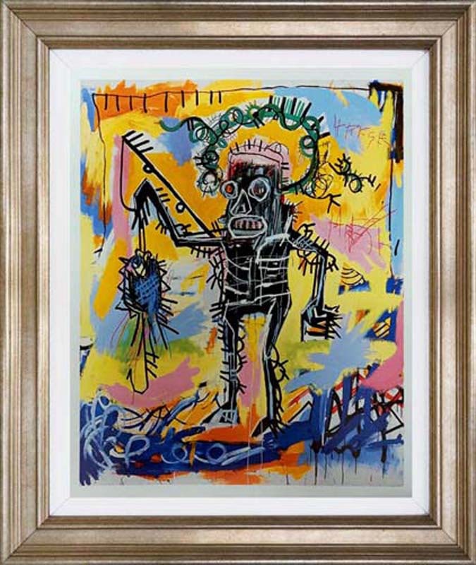 Jean-Michel Basquiat (American 1960-1988) oil painting on canvas in the manner of Jean-Michel: Jean-Michel Basquiat (American 1960-1988) oil painting on canvas in the manner of Jean-Michel Basquiat. Approx. 18 x 24 inches image size. Custom framed. Art Artwork Artist.