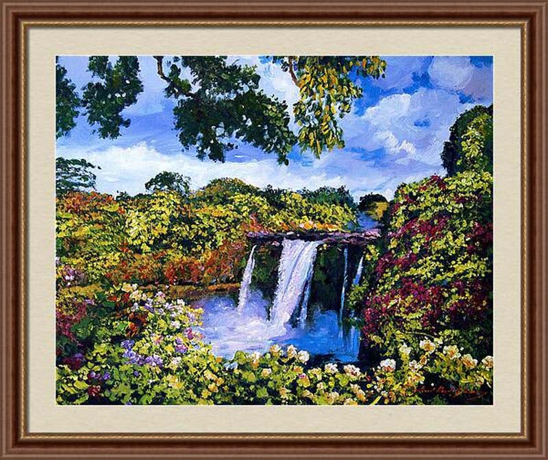 David Lloyd Glover (Canadian 1949)Hawaiian Paradise Falls Mixed Media Original on canvas Painting by: Hawaiian Paradise Falls by David Lloyd Glover 24x18 inches image size Custom framed and includes certificate of authenticity. Art Artwork Artist.