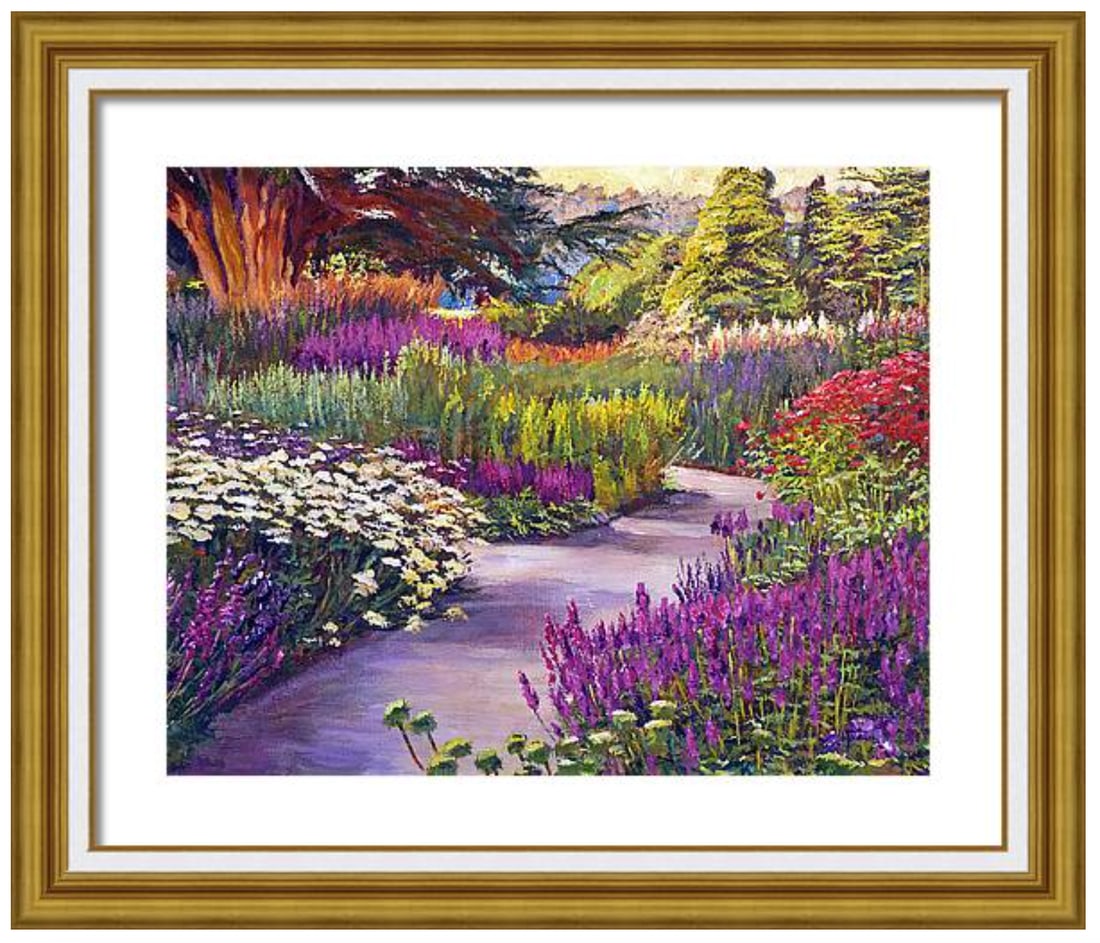 David Lloyd Glover (Canadian 1949) Spring Garden Path Original Mixed Media Painting on canvas by: Mixed media original by David Lloyd Glover. Hand signed by the artist. On canvas. Approx 18x24 inches image size. Custom framed and includes certificate. This work was purchased directly from the arti