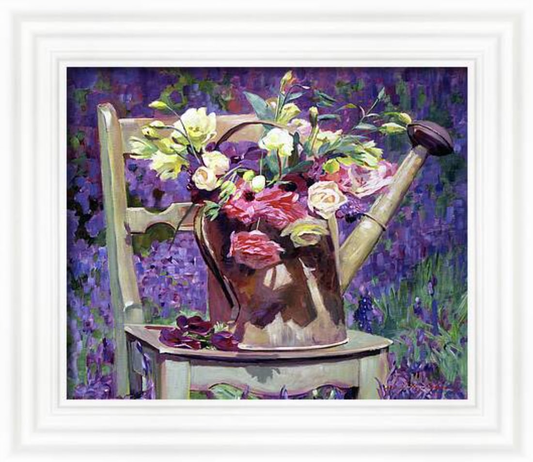 David Lloyd Glover (Canadian 1949) The Watering Can Bouquet Original Mixed Media Painting on canvas: Mixed media original by David Lloyd Glover. Hand signed by the artist. On canvas Approx 18x24 inches image size Custom framed and includes certificate This work was purchased directly from the artist.