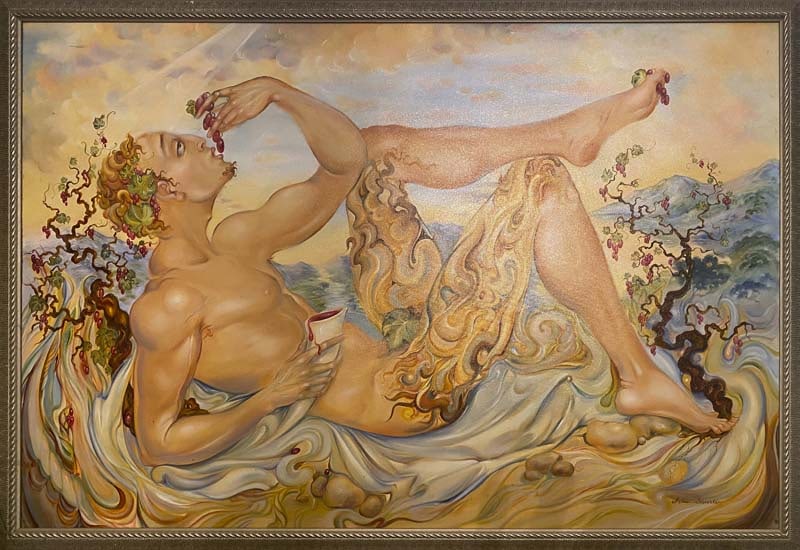 Arina Mixed Media Original painting Bacchus on canvas: Mixed Media Original Painting on canvas by Arina. Hand signed by the artist. Approx 24x30 inches. Includes certificate of authenticity. Bacchus God of wine This work was purchased directly from the ar