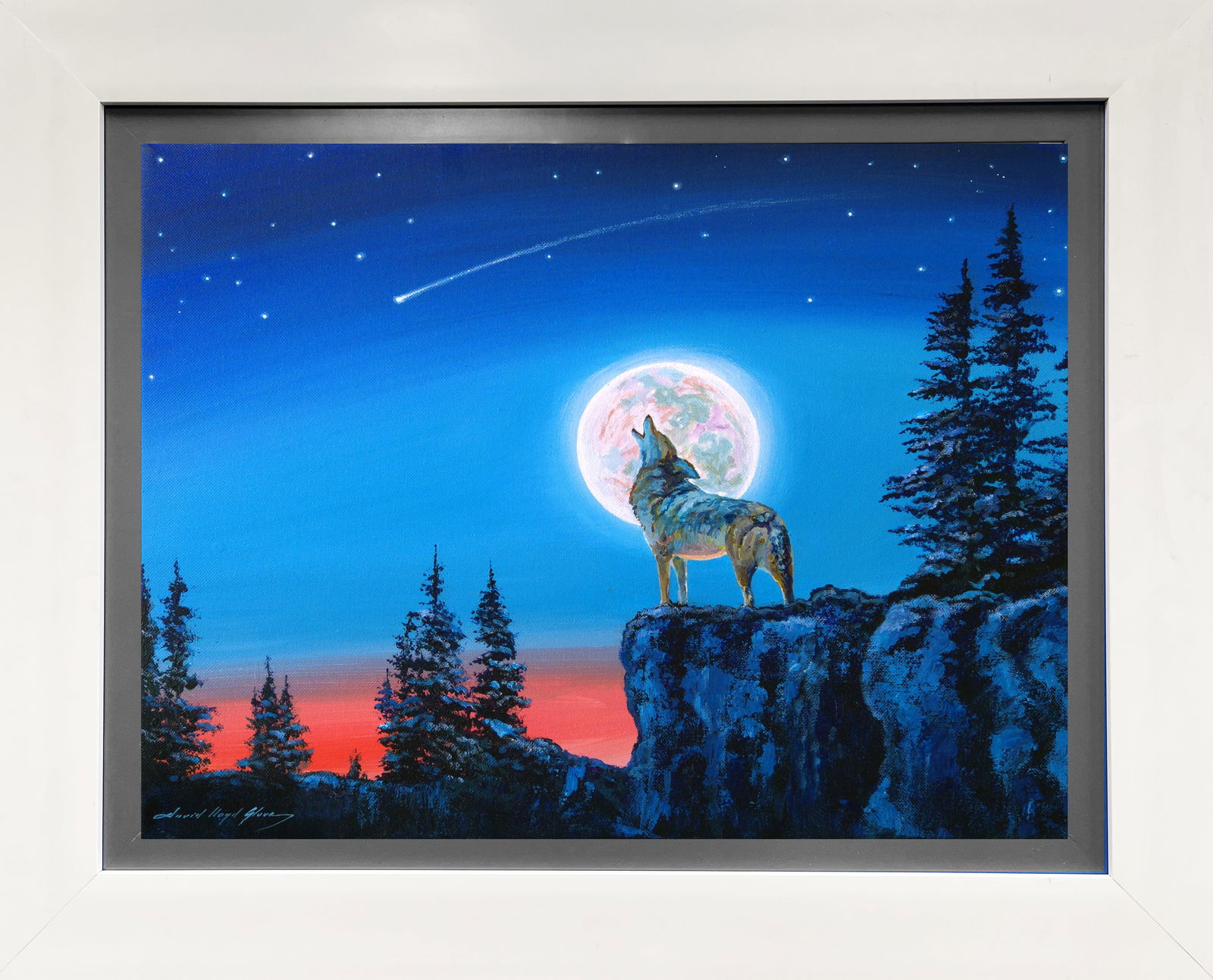 David Lloyd Glover (Canadian 1949) Winter Moon with wolf Original Mixed Media Painting on canvas by: Mixed Media Original Painting on canvas David Lloyd Glover One Mixed Media Original Painting on canvas David Lloyd Glover One of a kind. Hand signed by the artist. On canvas Approx image size 18x24 in