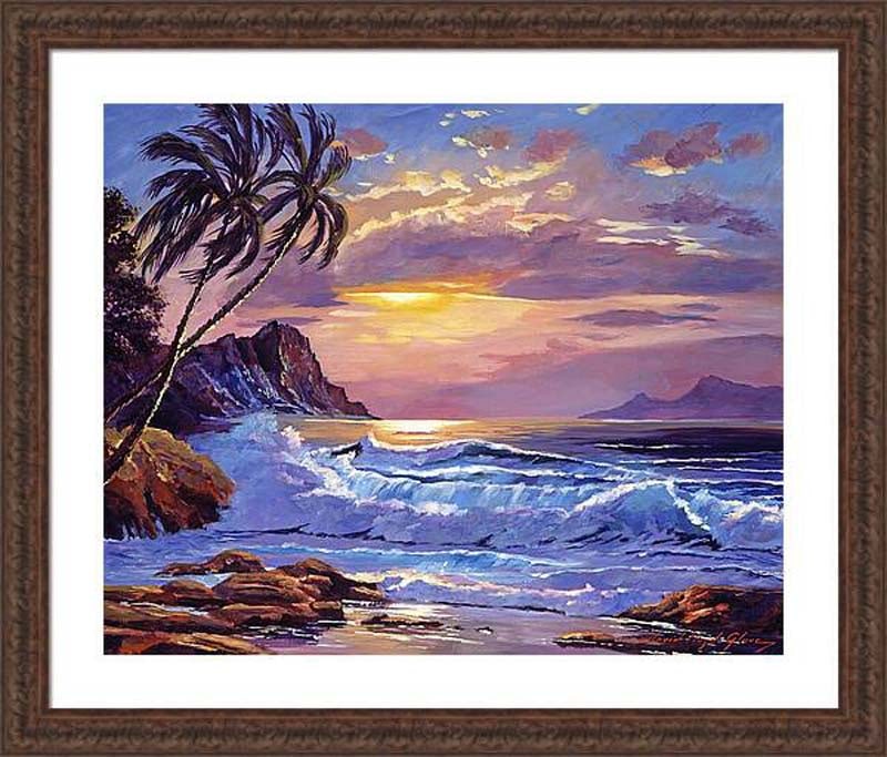 David Lloyd Glover (Canadian 1949) Maui Sunset Original Mixed Media Painting on canvas by David: Maui Sunset Original Mixed Media Painting on canvas by David Lloyd Glover Hand signed by the artist One of a kind original. 24x18 inches image size Custom framed and includes certificate of authentici