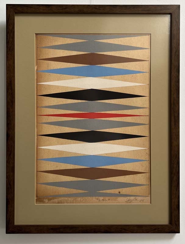 Ivan Serpa ESTUDO GEOMETRICO art work 1954 Gouache on board Signed and dated on lower right and: Ivan Serpa ESTUDO GEOMETRICO 1954 Gouache on board Signed and dated on lower right and on verso 17 X 11 1/2 inches Framed dimensions: 22 1/2 X 17 inches In good condition with some foxing commensurate