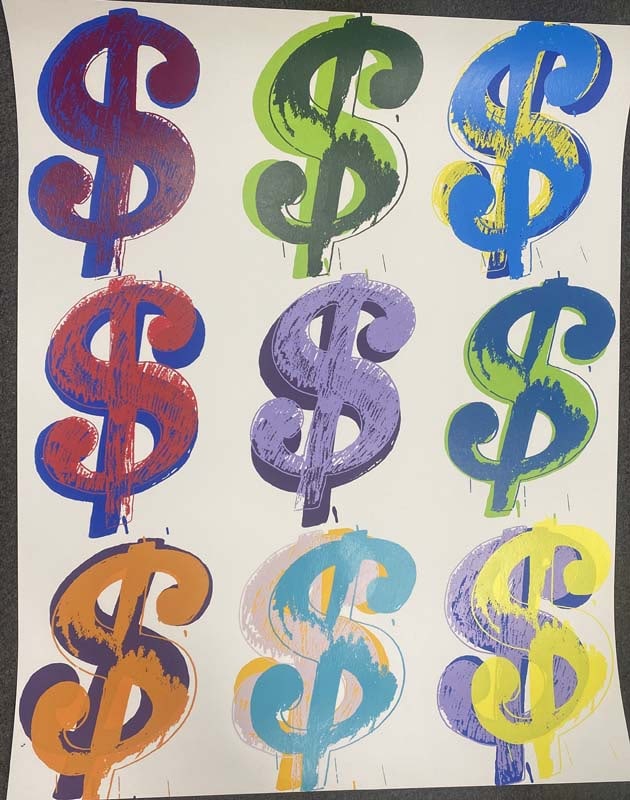 Andy Warhol(American 1928-1987) Serigraph $9 Screenprint from 1982: Andy Warhol (American 1928-1987) Andy Warhol Serigraph Screenprint $9 1982 on Lenox Museum Board. Each $ is unique in color. One of a kind proof. Printer is Rupert Jasen Smith, NY and the Publisher is