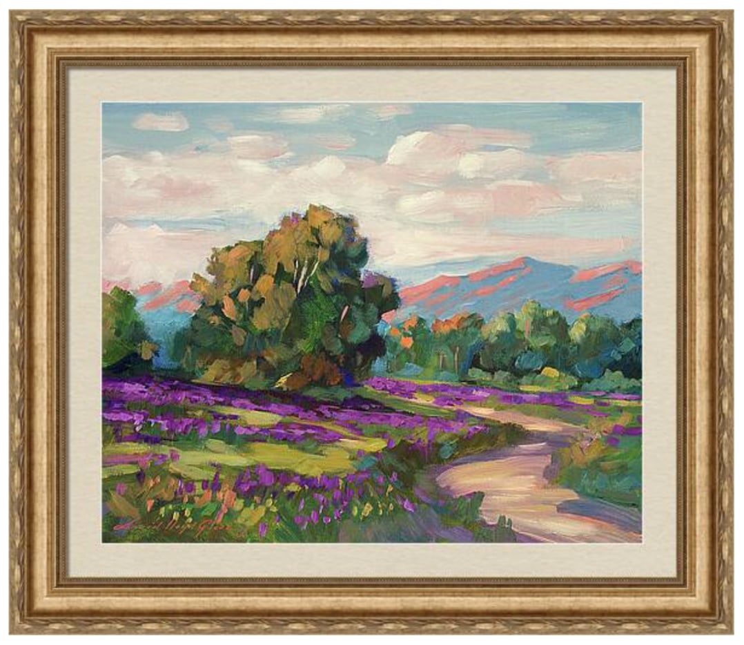 David Lloyd Glover (Canadian 1949) Purple Hills Of California Original Mixed Media Painting on: Purple Hills Of California. Original Mixed Media Painting on canvas by David Lloyd Glover. Hand signed by the artist One of a kind original. Approx 24x18 inches image size Custom framed and includes c