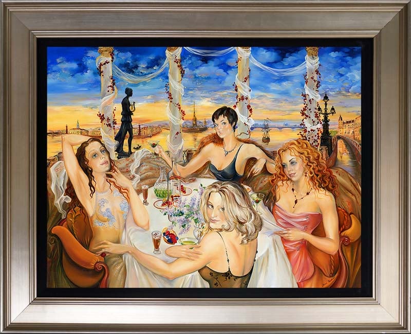 Hand Embellished Painting canvas by Arina Evening Out: Hand Embellished Painting on canvas by Arina. Hand signed by the artist. Approx 24x30 inches. Includes certificate of authenticity. Art Artwork Artist.