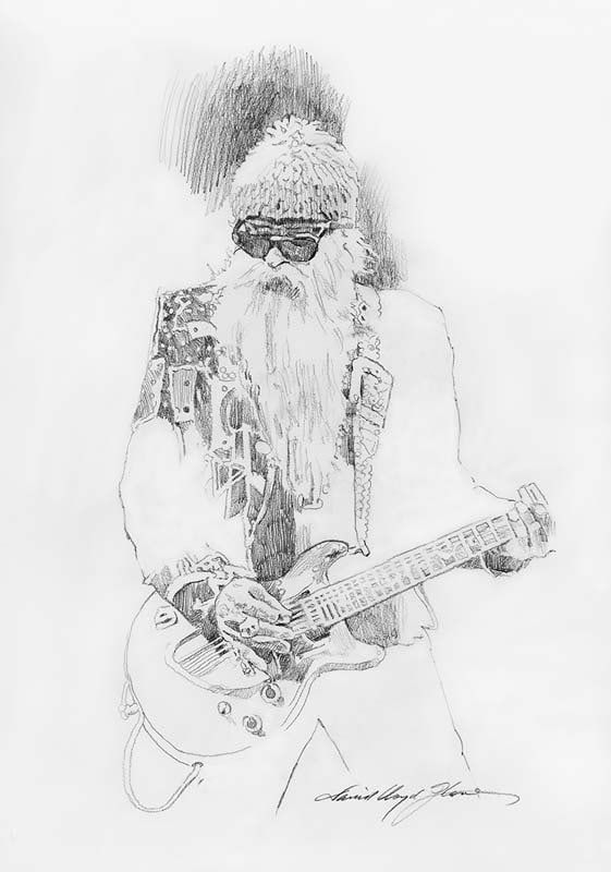 David Lloyd Glover (Canadian 1949) Billy Gibbons Original Mixed Media Painting Painting on paper by: Billy Gibbons Original Mixed Media Painting Painting on paper by David Lloyd Glover Hand signed by the artist One of a kind original. 24x18 inches image size Custom framed and includes certificate of