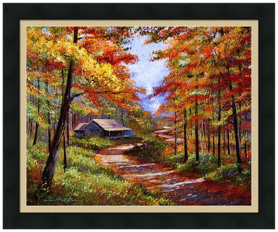 David Lloyd Glover (Canadian 1949) Cabin in the woods Original Mixed Media Painting on canvas by: Cabin in the woods Original Mixed Media Painting on canvas by David Lloyd Glover Hand signed by the artist One of a kind original. 24x18 inches image size. Custom framed and includes certificate of au