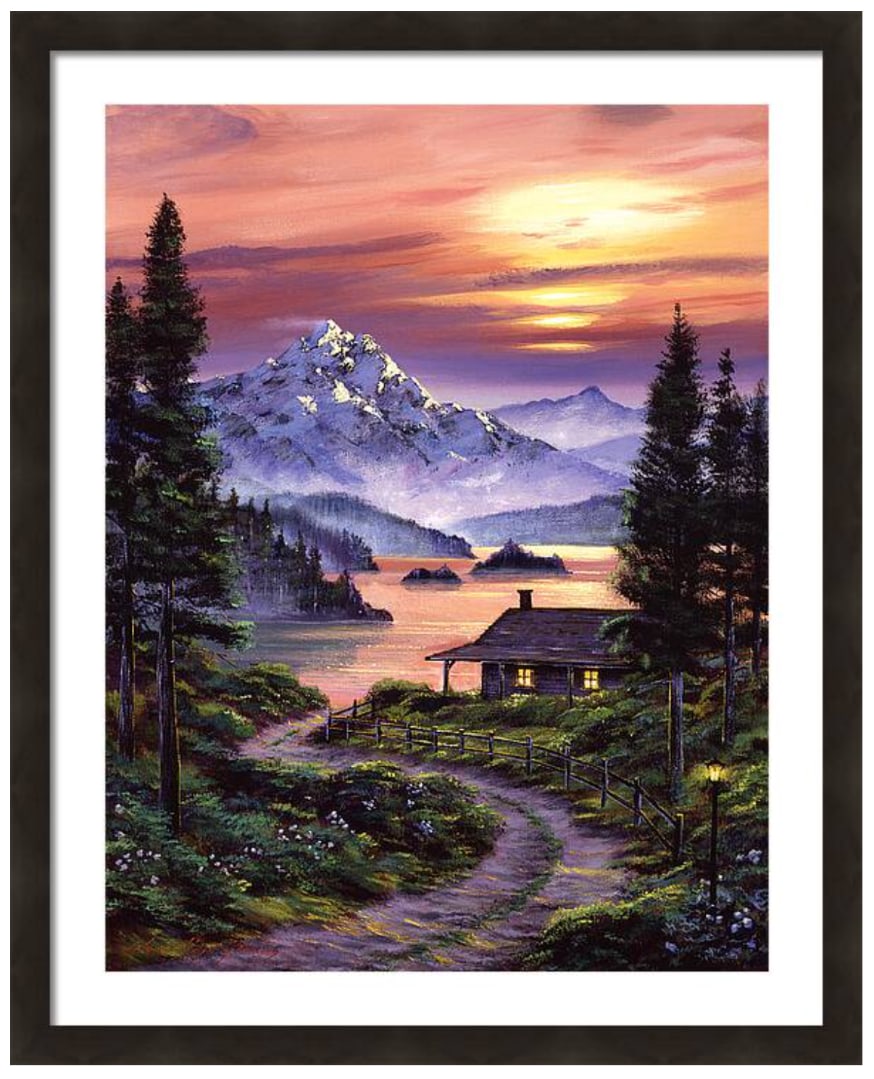 David Lloyd Glover (Canadian 1949) Cabin on the Lake Original Mixed Media Painting on canvas by: Cabin on the Lake Original Mixed Media Painting on canvas by David Lloyd Glover Hand signed by the artist One of a kind original. 24x18 inches image size Custom framed and includes certificate of auth