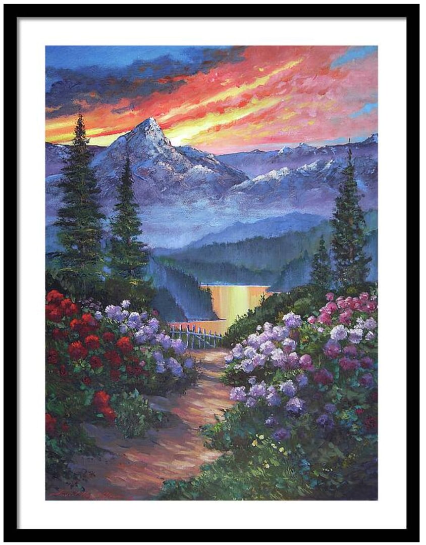 David Lloyd Glover (Canadian 1949) Spring Path to the Mountain Lake. Original Mixed Media Painting: Spring Path to the Mountain Lake Original Mixed Media Painting on canvas by David Lloyd Glover Hand signed by the artist One of a kind original. Approx 24x18 inches image size. Custom framed. Includes