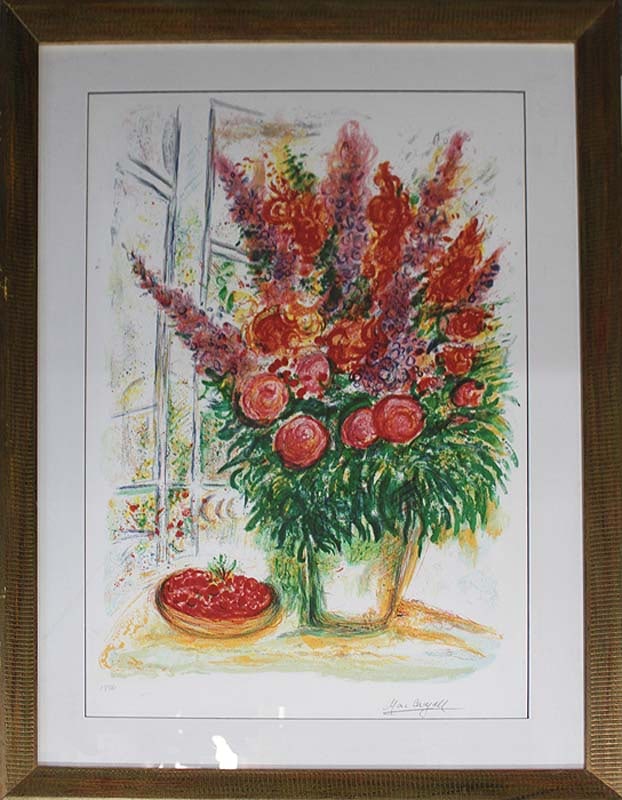 Marc Chagall (Russian-French 1887-1985) Marc Chagall Limited Edition Lithograph Bowl of Cherries: Marc Chagall (Russian-French 1887-1985 Marc Chagall- Limited Edition Lithograph Marc Chagall- Bowl of Cherries 24x30 inches. Includes certificate of authenticity. The signature is in the plate. Custom