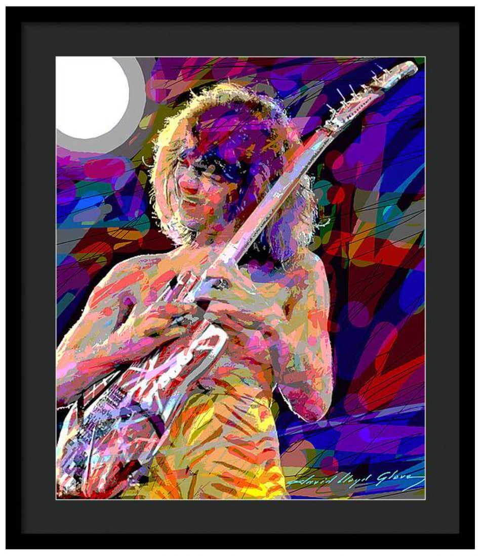 David Lloyd Glover (Canadian 1949) Eddie Van Halen Tappin' Original Mixed Media Painting on canvas: Eddie Van Halen Tappin' Original Mixed Media Painting on canvas by David Lloyd Glover Hand signed by the artist One of a kind original. 24x18 inches image size Custom framed and includes certificate o