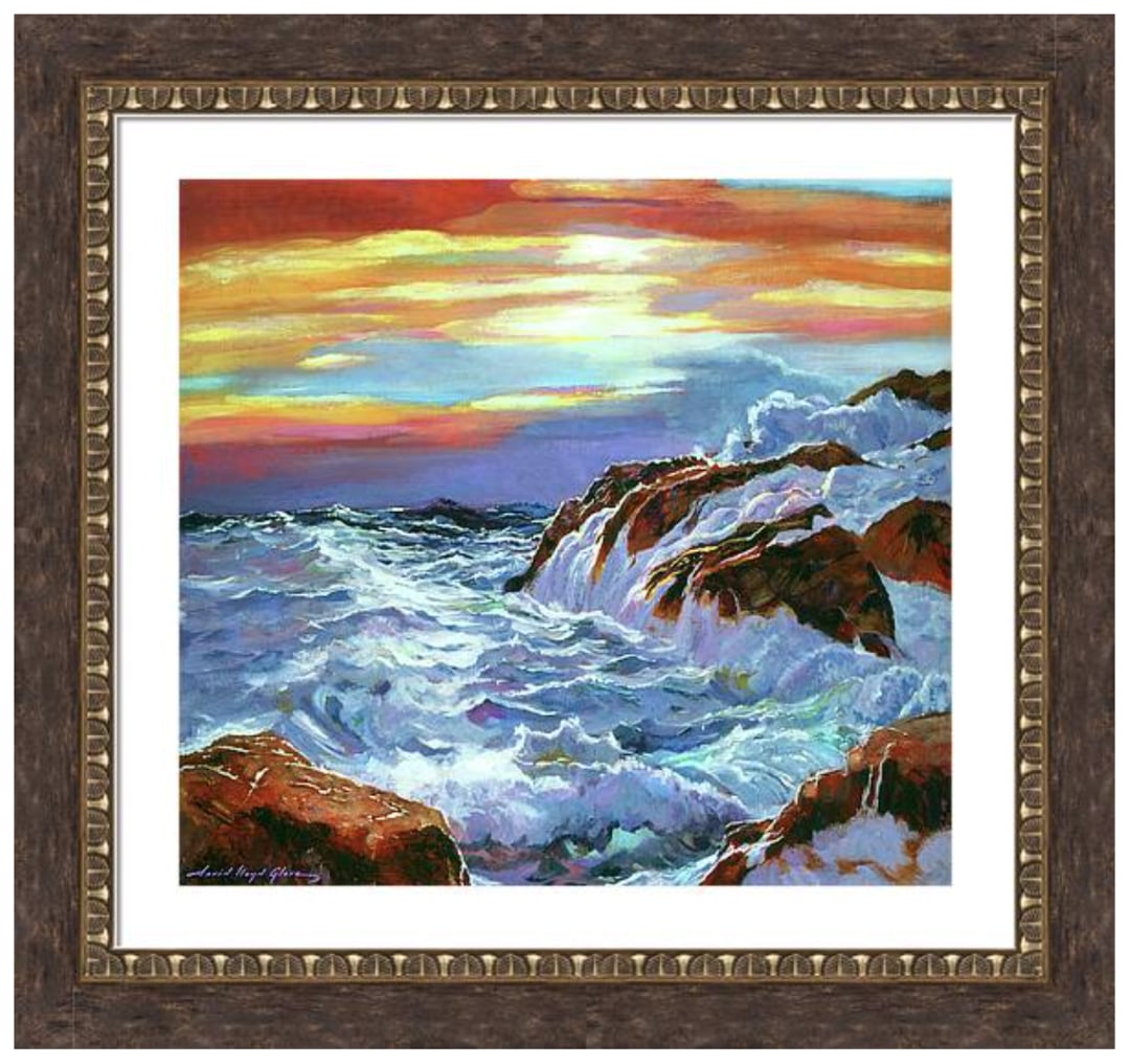 David Lloyd Glover (Canadian 1949) Sunset Coastline Original Mixed Media Painting on canvas by: Sunset Coastline Original Mixed Media Painting on canvas by David Lloyd Glover Hand signed by the artist One-of-a-kind original. Approx 24x18 inches image size. Custom framed. Includes Certificate of