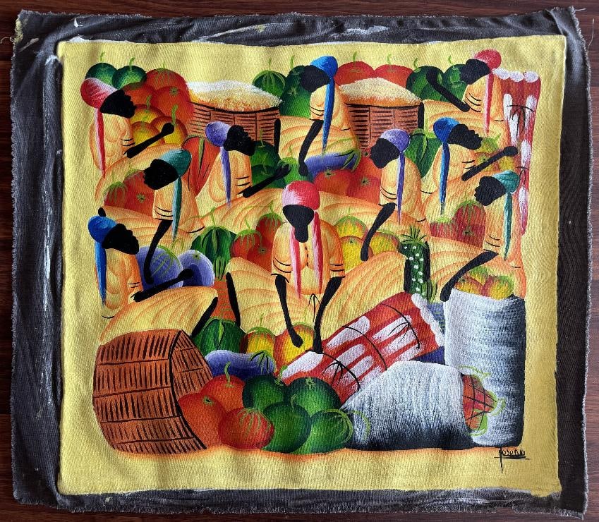 Old vintage Haitian painting Harvesters illegible signature This beautiful Haitian style painting: Old vintage Haitian painting Harvesters illegible signatureThis beautiful Haitian style painting with vivid multi-colored colors, where yellow predominates and shows indigenous characters in harvest.T