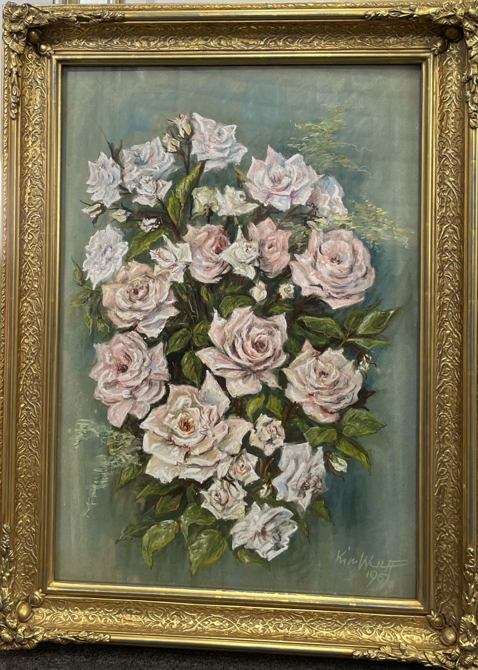 Vintage 1967 Original Pastel and Watercolor. Still Life. Original Gilded Frame. 25x28 inches: 25 Vintage 1967 Original Pastel and Watercolor. Still Life. Original Gilded Frame. 25x28 inches. step Art Artwork Artist.