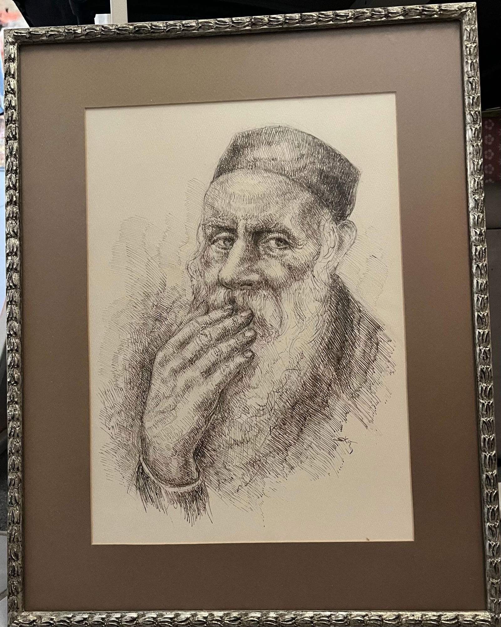 Vintage Original Ink Drawing. Rabbi in Contemplation. Hand Signed. 24-3/4 x 17-1/4 inches. Original (1 of 1)