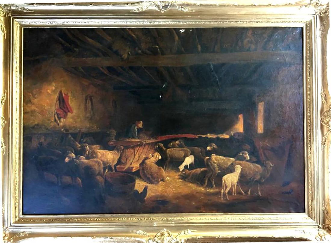 Charles Jacque Taking the Stall oil painting on canvas: Charles Jacque Taking the Stall oil painting on canvas 140x90cm approx image size from a private collection. Art Artwork Artist.