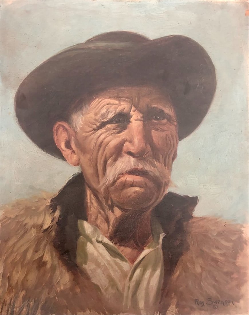 Ray Swanson Original oil on wood Born: October 4, 1937, Alcester, South Dakota,: Born: October 4, 1937, Alcester, South Dakota, United StatesDate of death: December 17, 2004Title: PortraitMeasures: 50 x 40 cmTechnique: Oil on woodHand signed lower right Art Artwork Artist.