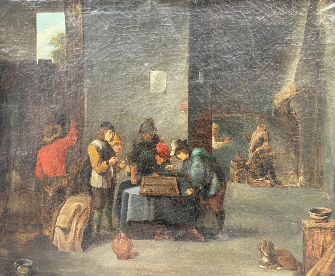 TAVERN SCENE WITH GAMERS Medium: oil painting on canvas Title: Tavern Scene with Gamers: TAVERN SCENE WITH GAMERSoil painting on canvasTitle: Tavern Scene with GamersDimensions: 61 x 73 cm19th CenturyProvenance: Private Collection Art Artwork Artist.
