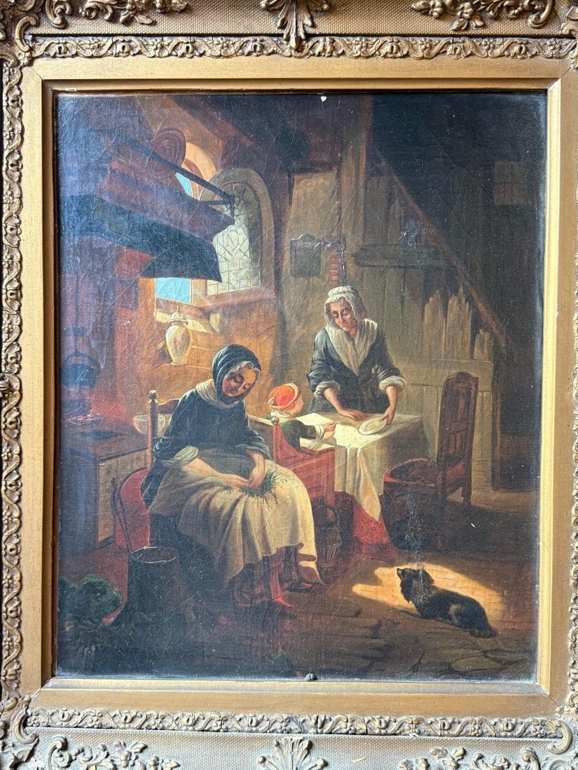 German School of Munich, mid-19th century. oil painting on canvas: Artist: German School of Munich, mid-19th century.Technique: oil painting on canvasDimensions: 38 x 46 cm.Title: Domestic Scene.Provenance: Private collection. Art Artwork Artist.