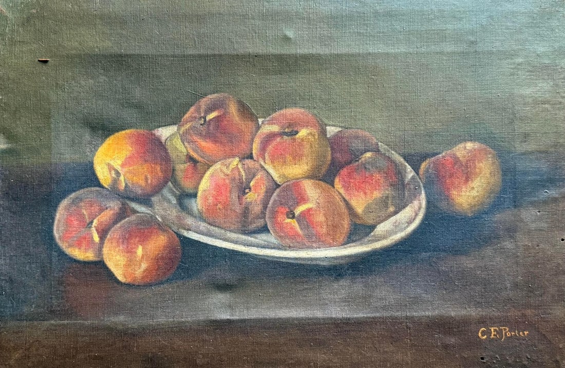 Charles E. Porter (American Painting) on canvas Title: Still Life “Peaches: Artist: German School of Munich, mid-19th century.Technique: oil painting on canvasDimensions: 38 x 46 cm.Title: Domestic Scene.Provenance: Private collection. Art Artwork Artist.
