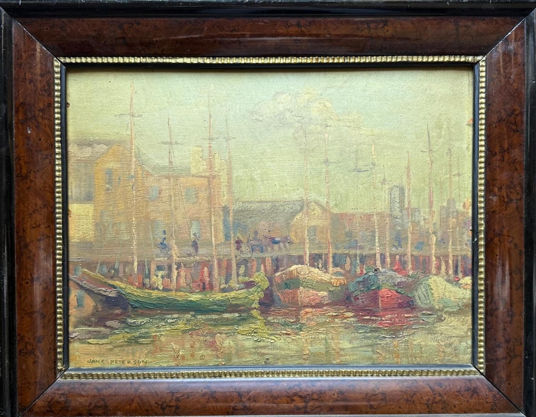 Jane Peterson (1876-1965) Oil painting on board Title: Harbor Scene Boats: Artist: Jane Peterson (1876-1965)Technique: Oil on boardTitle: Harbor Scene Boats Dimensions: 31 x 40 cmSigned: Jane Peterson, lower left cornerProvenance: Private Collection Art Artwork Artist.