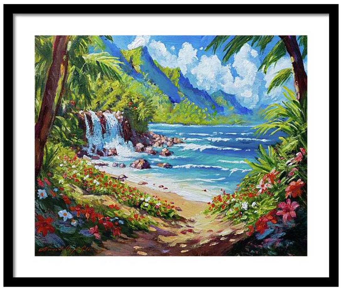 David Lloyd Glover (Canadian 1949) Original Mixed Media Painting on canvas by David Lloyd Glover: Tropical Hawaiian Beach Original Mixed Media Painting on canvas by David Lloyd Glover. Approx 30x24 inches and 24x18 inches image size. Custom framed and includes certificate of authenticity. Art Artw