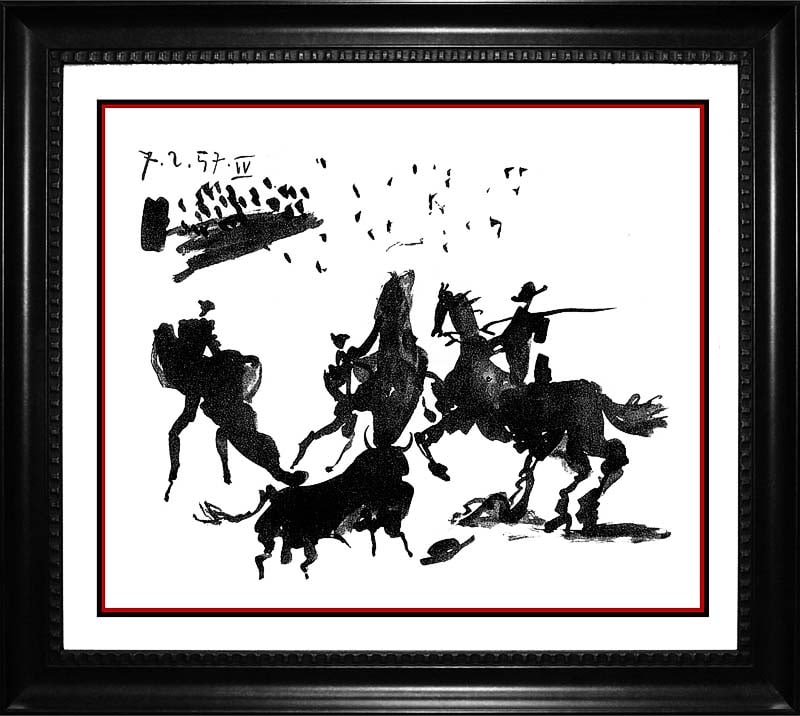 Pablo Picasso (Spanish 1881-1973) Limited Edition Lithograph Collection Domaine Picasso Lithograph: Pablo Picasso (Spanish 1881-1973) Limited Edition Lithograph Bullfight. Approx. 24x26 inches. Estate signed, part of Collection Domain Picasso. Includes Certificate of Authenticity. Custom framed. Art