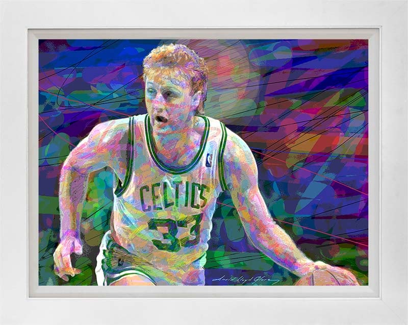 David Lloyd Glover (Canadian 1949) Larry Bird Hand Embellished Painting on canvas by David Lloyd: Larry Bird Hand Embellished Painting on canvas by David Lloyd Glover Hand signed by the artist. On canvas image size. Approx image size 18x24 inches Custom framed and includes certificate. This work w